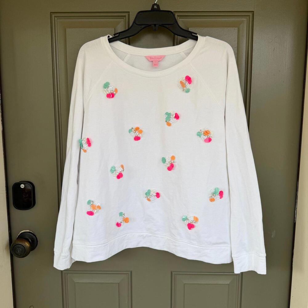 Lilly Pulitzer Braydon Pullover White Sequin Embellished Sweatshirt Large‎
